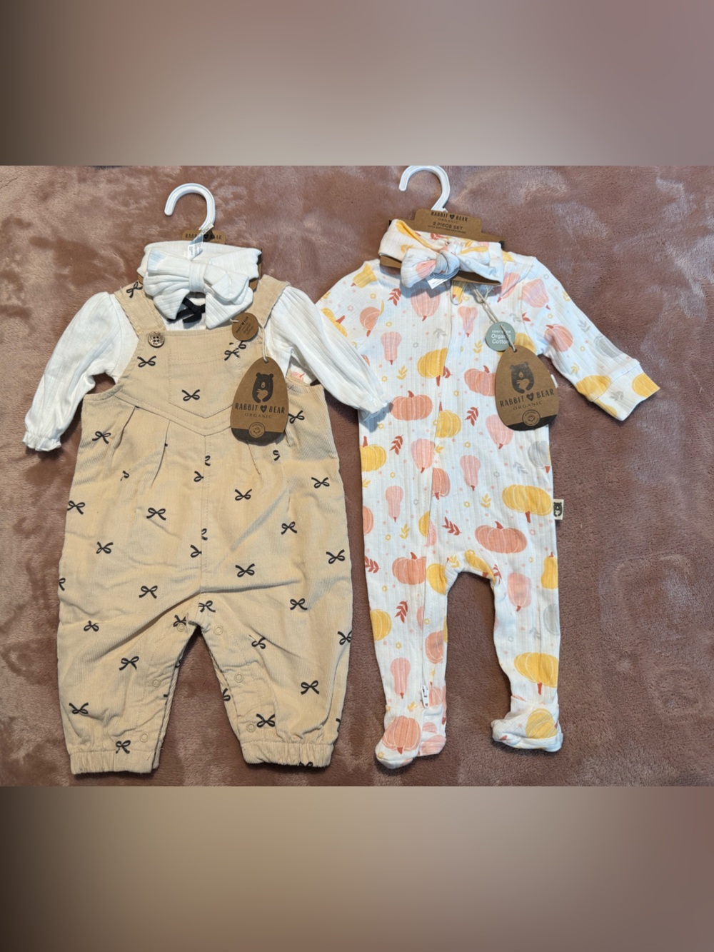 NWT Bundle: Rabbit + Bear Organic Baby Girls Sleeper and Overalls Set, 0-3M